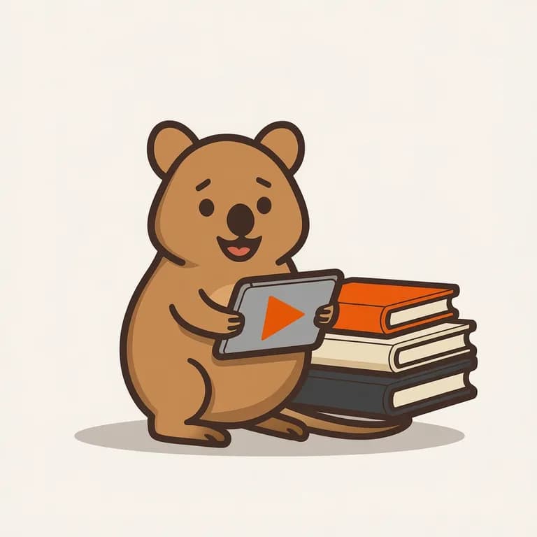 A quokka holding a tablet with a play button next to a stack of books