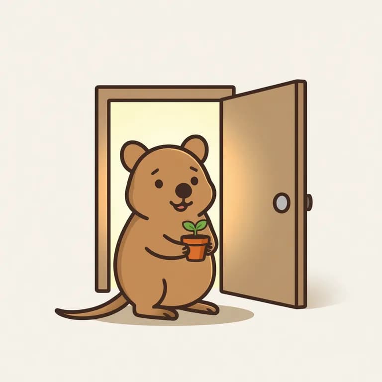 A quokka holding a seedling pot in front of a door with light shining through