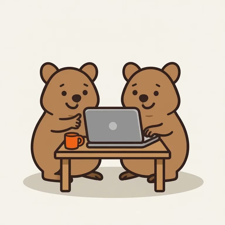 Two quokkas pair programming together on one laptop