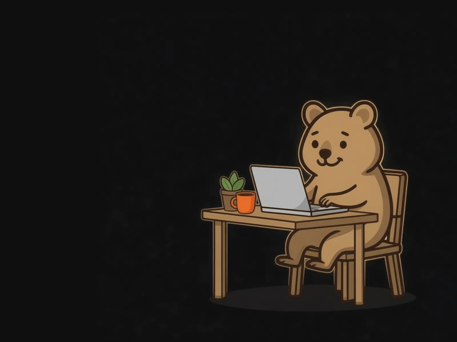 The quokka mascot coding on a laptop at a wooden desk, next to an orange mug and a small plant