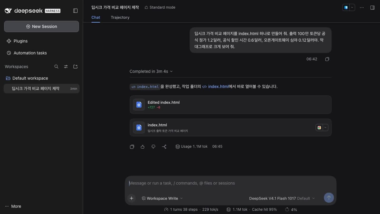 DeepSeek Harness 실행 완료 화면