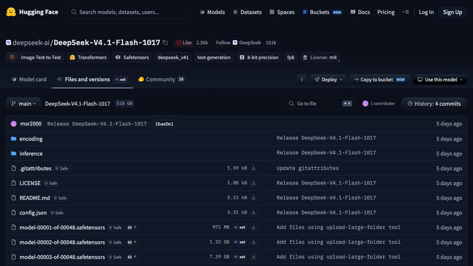 허깅페이스의 DeepSeek-V4.1-Flash-1017 파일 목록