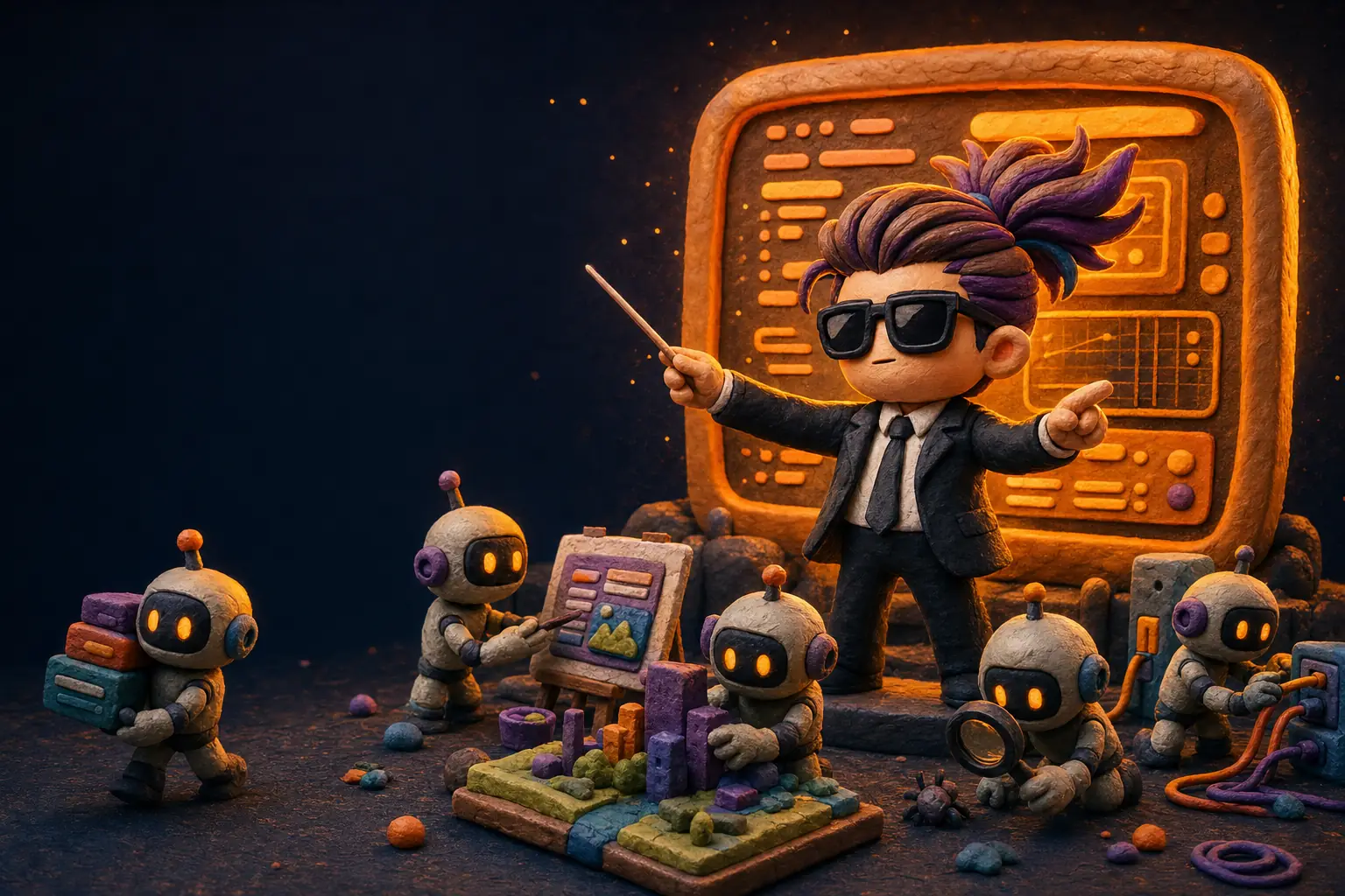 선글라스를 쓴 클레이 캐릭터 단테가 코드 화면 앞에서 작은 로봇 에이전트들을 지휘하는 장면